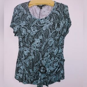 Aqua & Black Short Sleeve Top with Slip Tie Closure